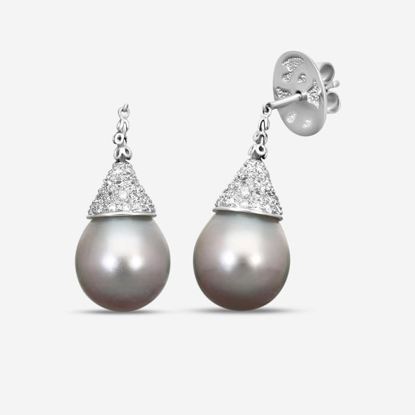 ASSAEL - Tahitian Natural Color Cultured Pearl and Diamond Earrings; 2 Drop Pearls 13.2 x 11.0mm, Diamonds 0.68 ct, 18K WG - E4485 - THE SOLIST