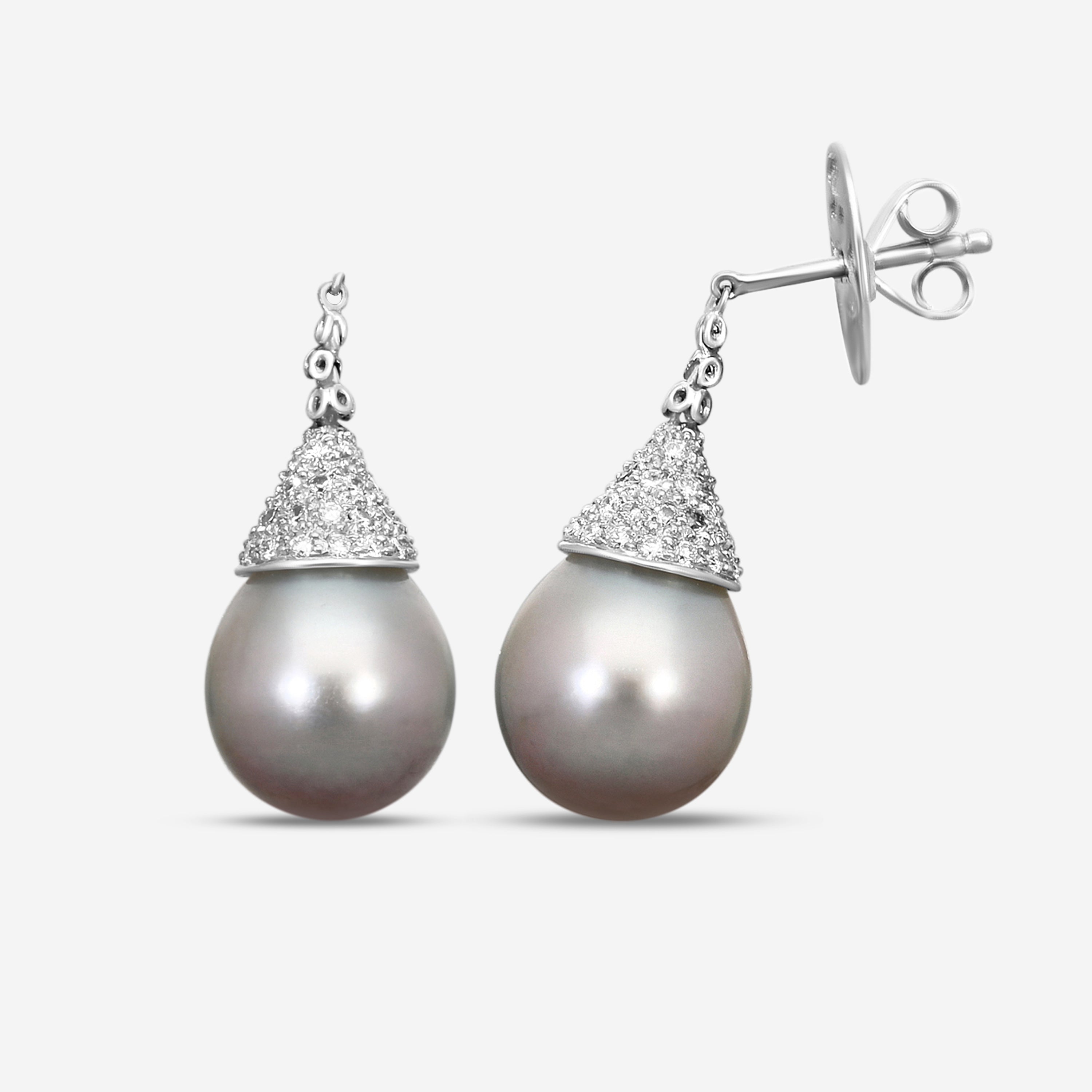 ASSAEL - Tahitian Natural Color Cultured Pearl and Diamond Earrings; 2 Drop Pearls 13.2 x 11.0mm, Diamonds 0.68 ct, 18K WG - E4485 - THE SOLIST