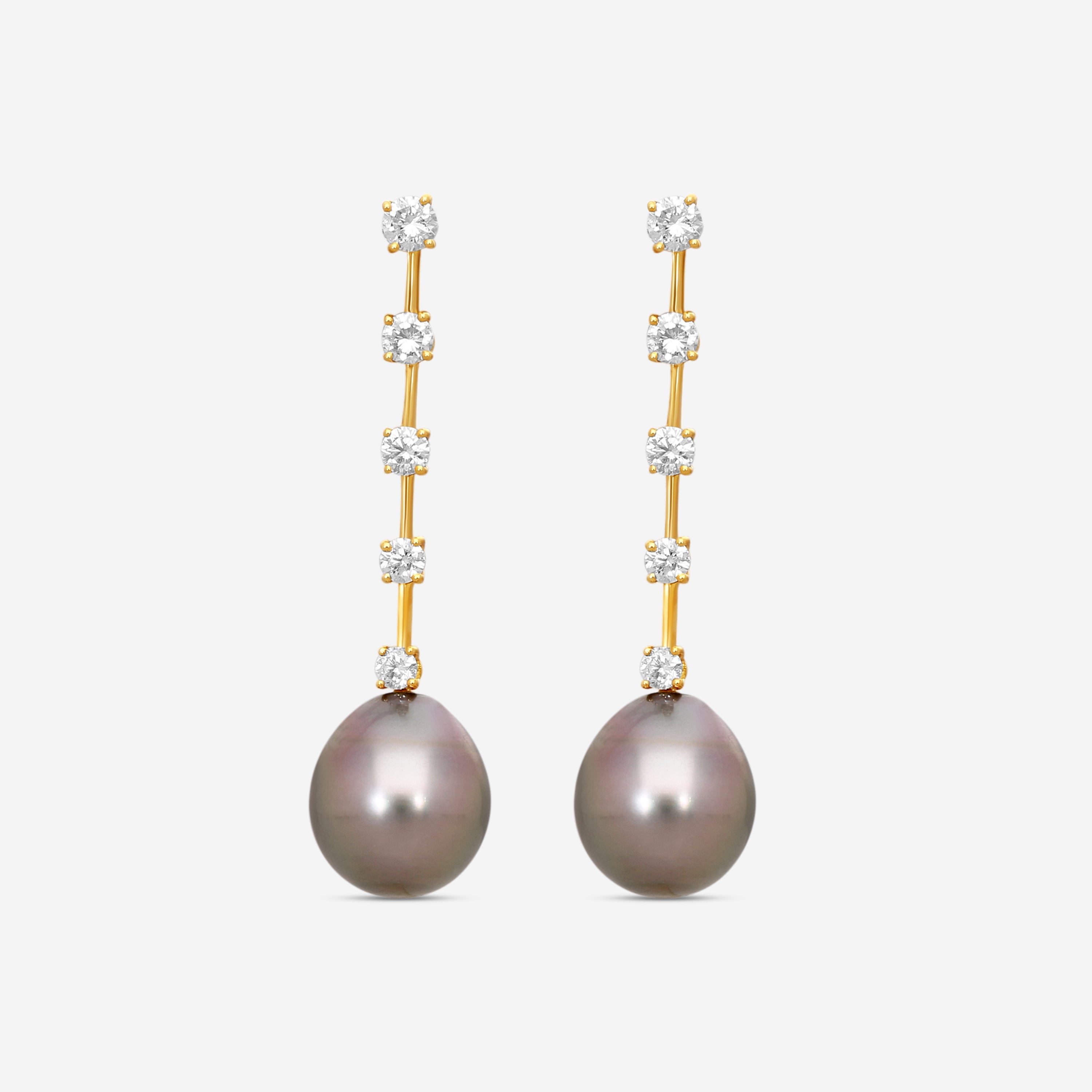 ASSAEL - Tahitian Natural Color Cultured Pearl and Diamond Earrings; 2 Drop Pearls 13.4 x 12.0mm, 10 Diamonds 1.26 ct, Post & Backs,18K YG - E4681 - THE SOLIST