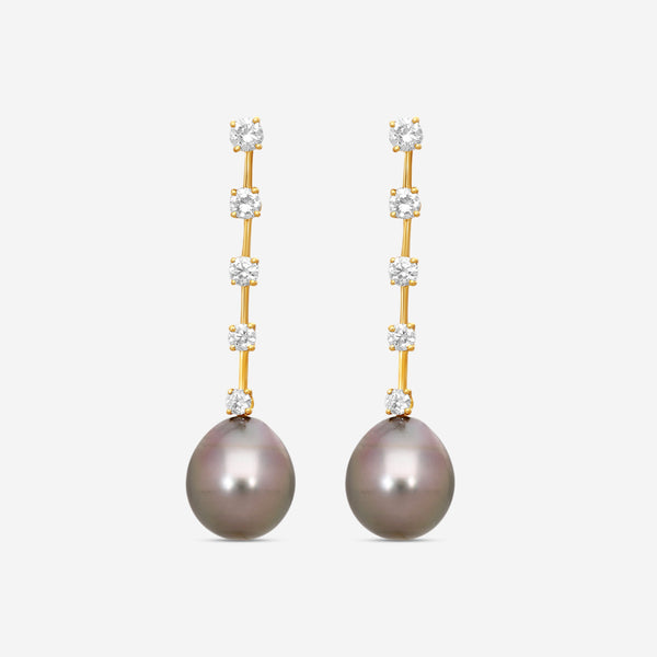 ASSAEL - Tahitian Natural Color Cultured Pearl and Diamond Earrings; 2 Drop Pearls 13.4 x 12.0mm, 10 Diamonds 1.26 ct, Post & Backs,18K YG - E4681 - THE SOLIST