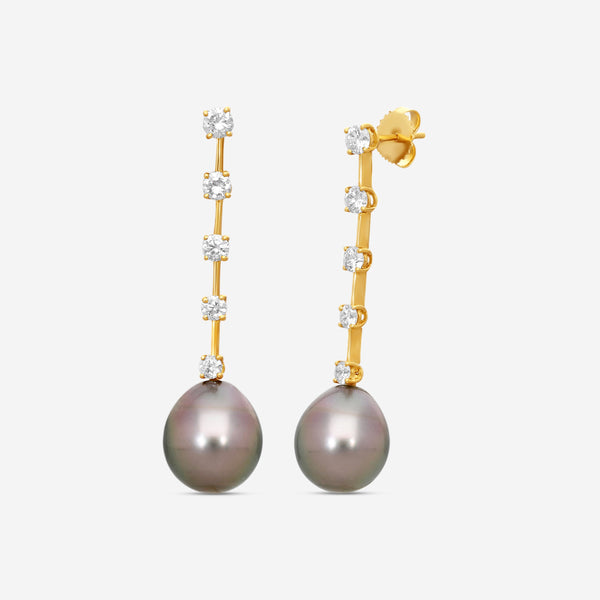 ASSAEL - Tahitian Natural Color Cultured Pearl and Diamond Earrings; 2 Drop Pearls 13.4 x 12.0mm, 10 Diamonds 1.26 ct, Post & Backs,18K YG - E4681 - THE SOLIST