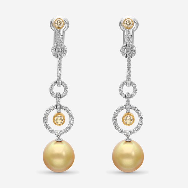 Assael 18K White and Yellow Gold with Diamond 1.92ct. tw. and Golden South Sea Cultured Pearl Drop Earrings E4980 - THE SOLIST