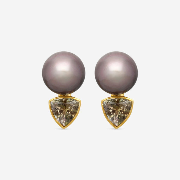 ASSAEL - Tahitian Natural Color Cultured Pearl and Bi-Color Tourmaline Earrings; 2 Button Pearls 16.3 x 15.4mm, 2 Tourmalines 8.53 ct, Clip Backs, 18K YG, 1.10''L - E5216 - THE SOLIST