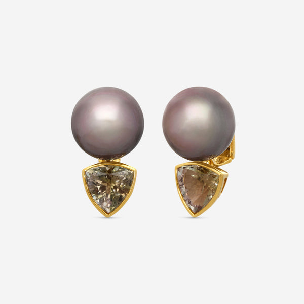 ASSAEL - Tahitian Natural Color Cultured Pearl and Bi-Color Tourmaline Earrings; 2 Button Pearls 16.3 x 15.4mm, 2 Tourmalines 8.53 ct, Clip Backs, 18K YG, 1.10''L - E5216 - THE SOLIST