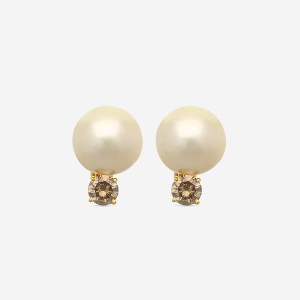 ASSAEL - Diamond & Golden South Sea Cultured Pearl Earrings; 2 Button Pearls 15.1 X 14.1mm, 2 Diamonds 2.17 cts, Clip-ons,18KY - E5480 - THE SOLIST