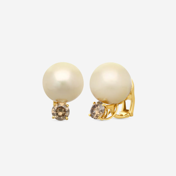 ASSAEL - Diamond & Golden South Sea Cultured Pearl Earrings; 2 Button Pearls 15.1 X 14.1mm, 2 Diamonds 2.17 cts, Clip-ons,18KY - E5480 - THE SOLIST