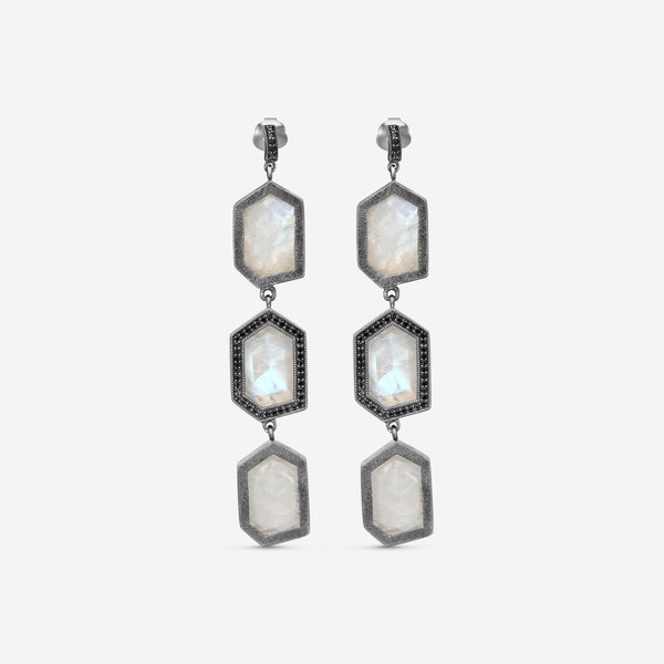 Leslie Greene Stainless Steel Black Diamond Moonstone Drop Earrings ES90598OXMS
