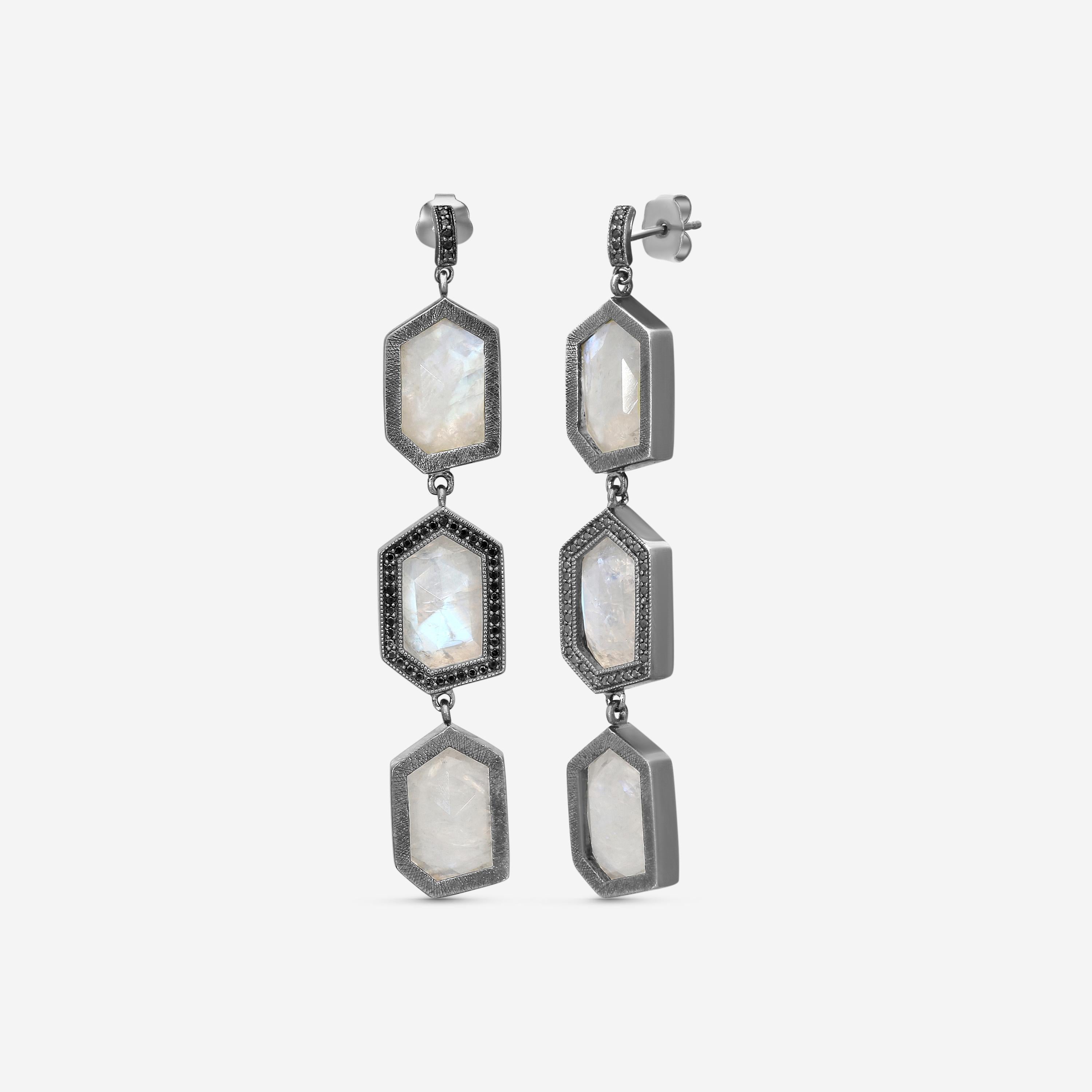 Leslie Greene Stainless Steel Black Diamond Moonstone Drop Earrings ES90598OXMS