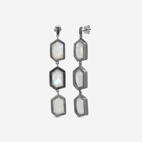 Leslie Greene Stainless Steel Black Diamond Moonstone Drop Earrings ES90598OXMS