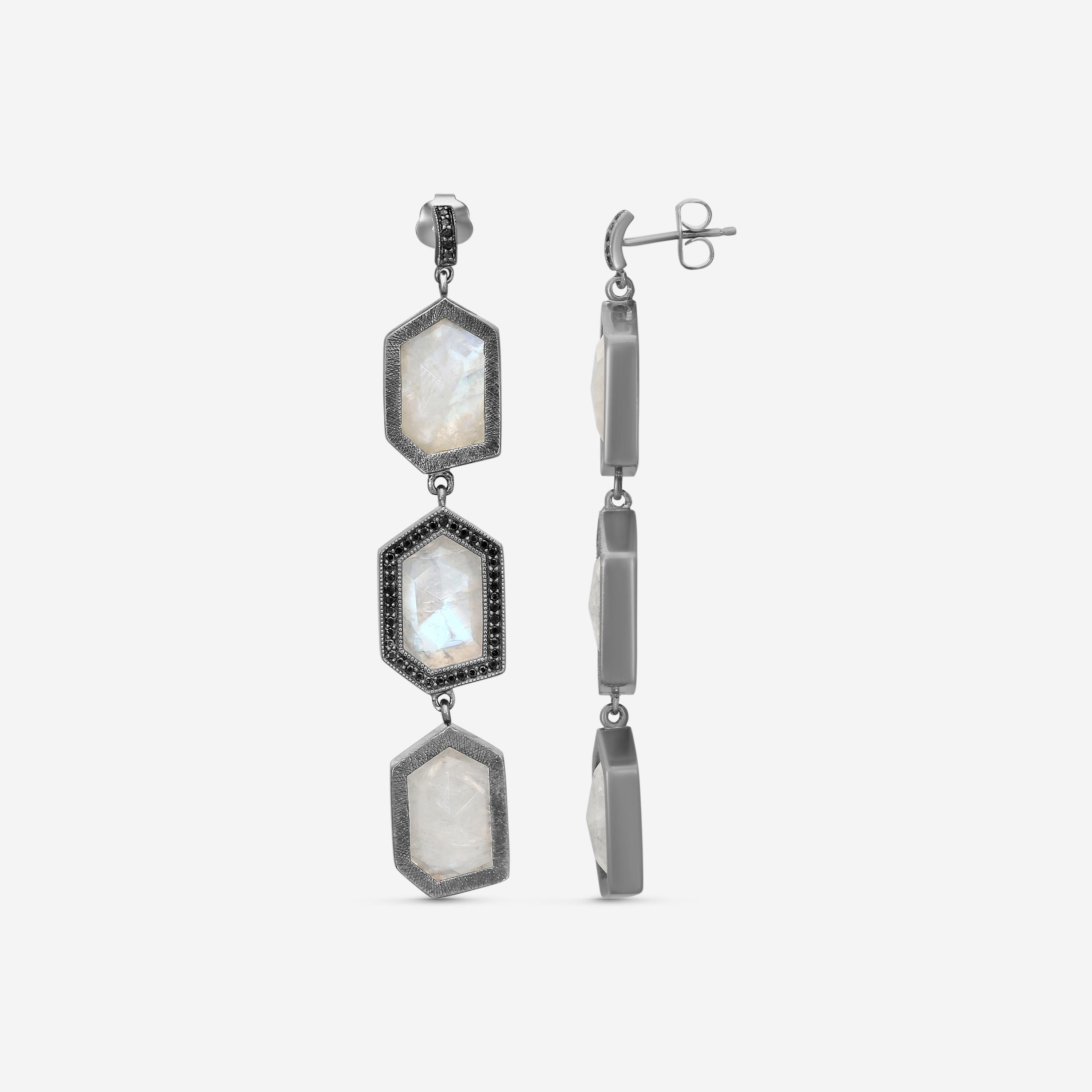 Leslie Greene Stainless Steel Black Diamond Moonstone Drop Earrings ES90598OXMS