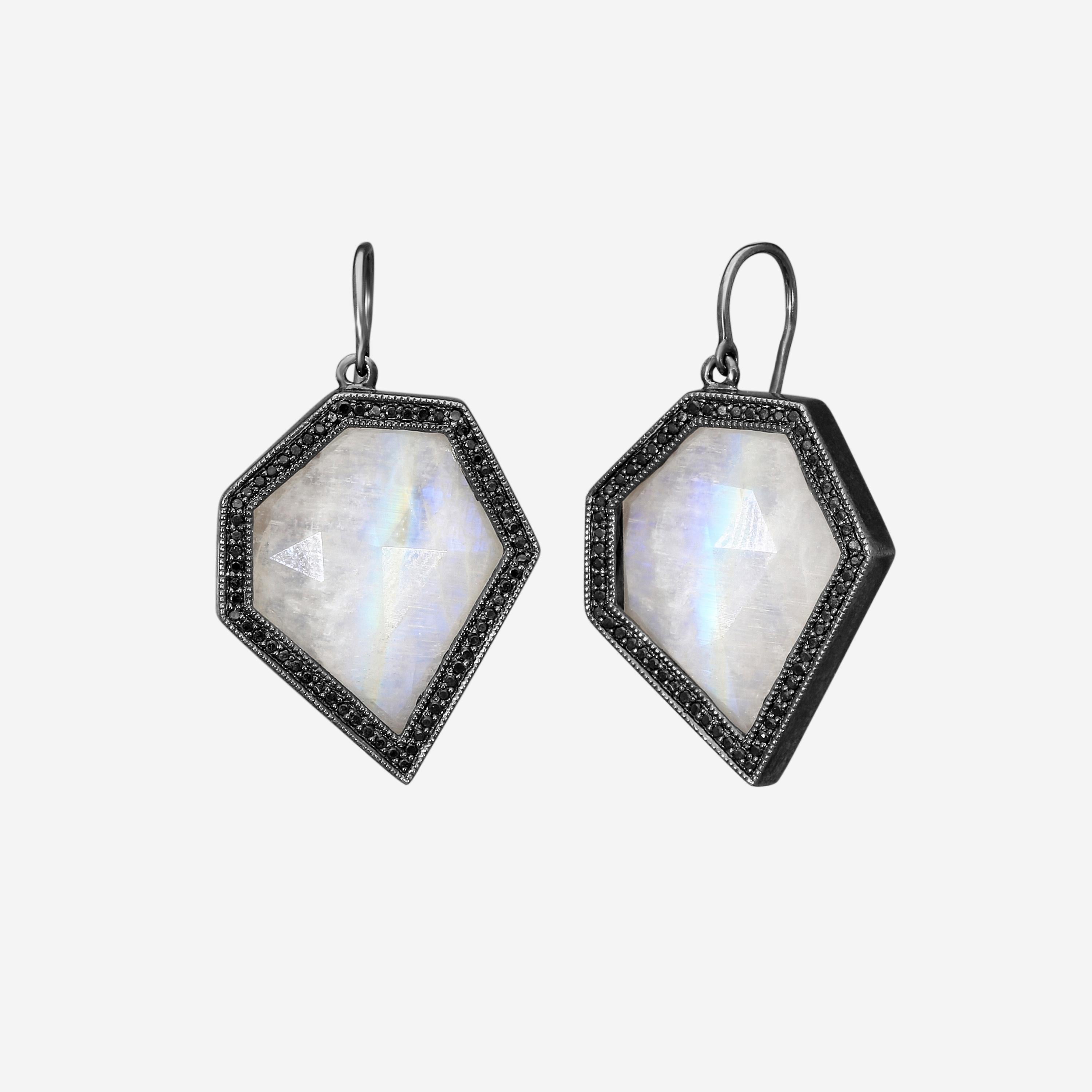 Leslie Greene Stainless Steel Black Diamond Moonstone Drop Earrings ES90599OXMS