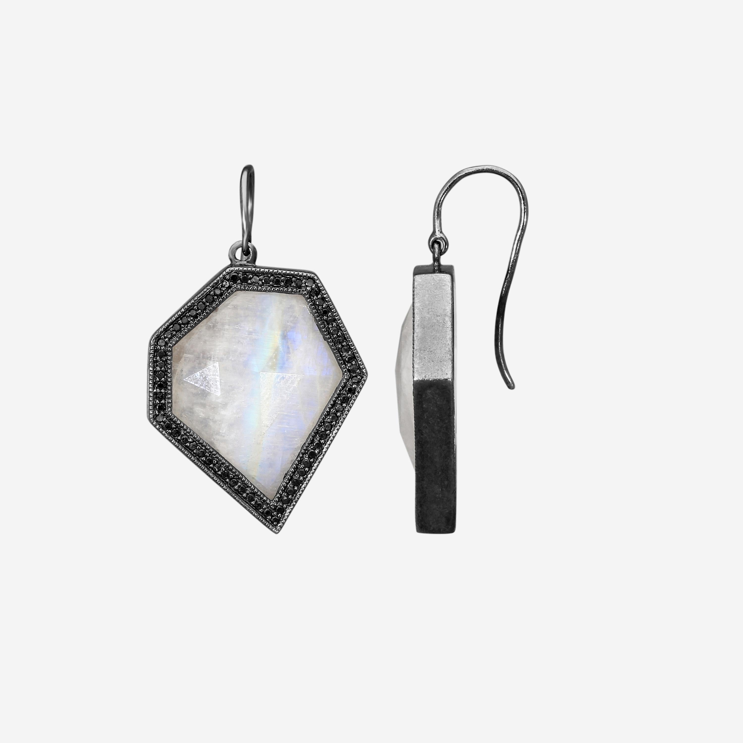 Leslie Greene Stainless Steel Black Diamond Moonstone Drop Earrings ES90599OXMS