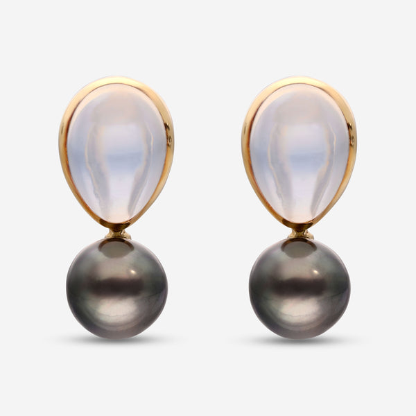 Assael 18K Yellow Gold, Green Moonstone 18.59ct. tw. and Tahitian Natural Color Pearl French Clip Earrings E6643 - THE SOLIST