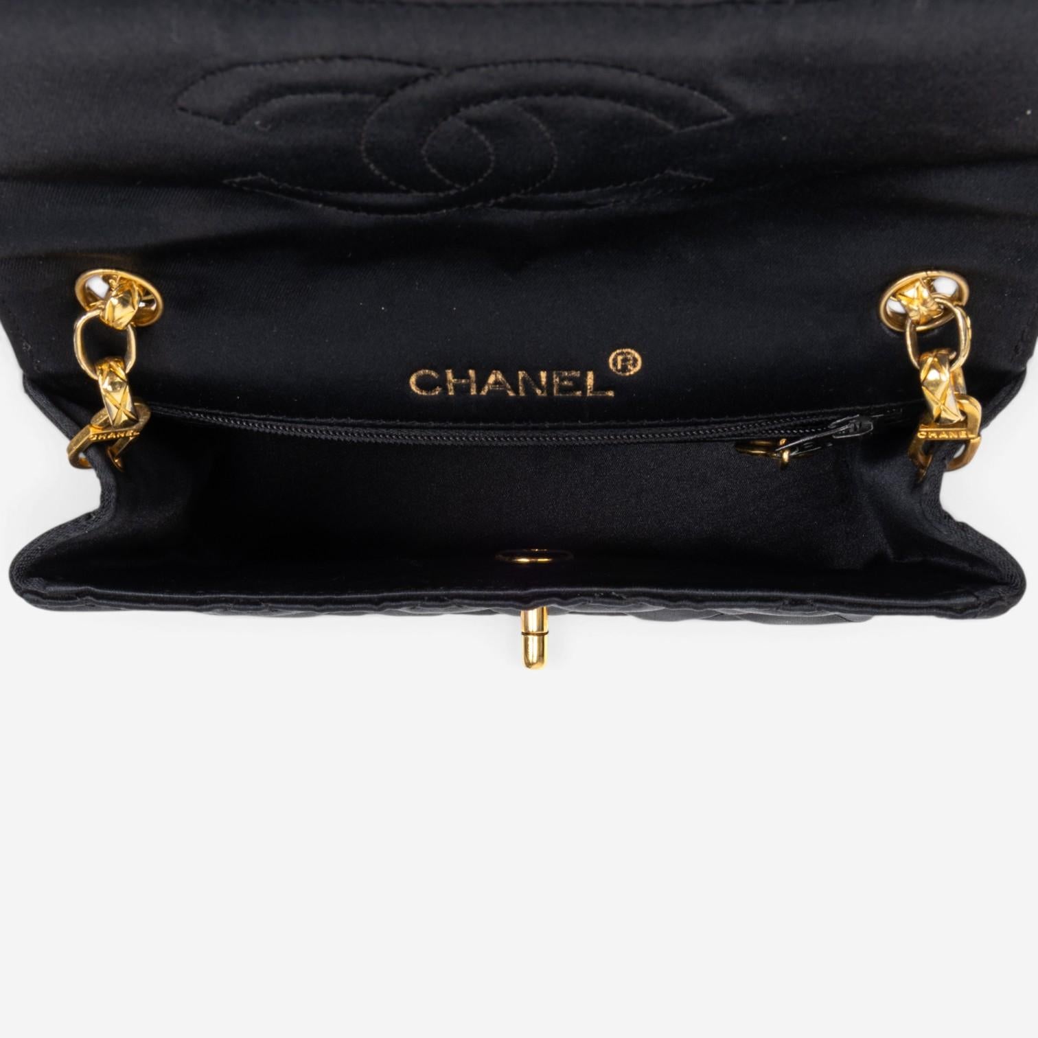 Chanel Classic Mini Timeless Black Satin Canvas Square Flap Bag EAG9064