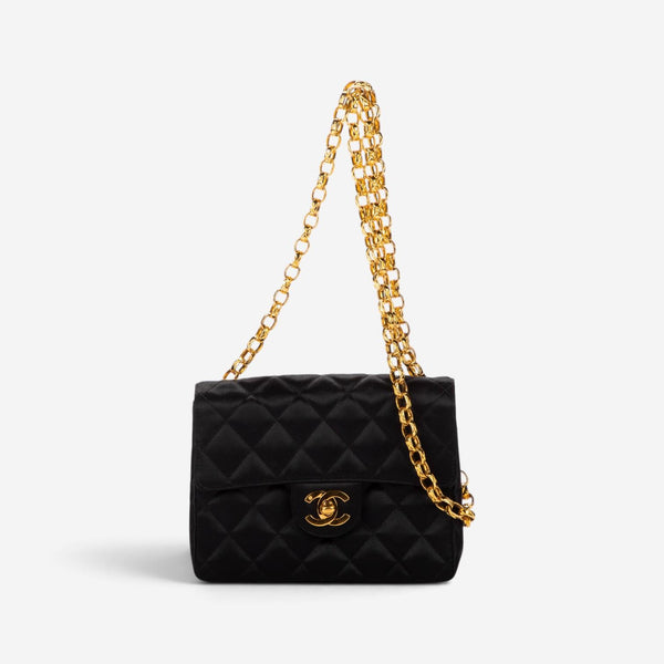 Chanel Classic Mini Timeless Black Satin Canvas Square Flap Bag EAG9064