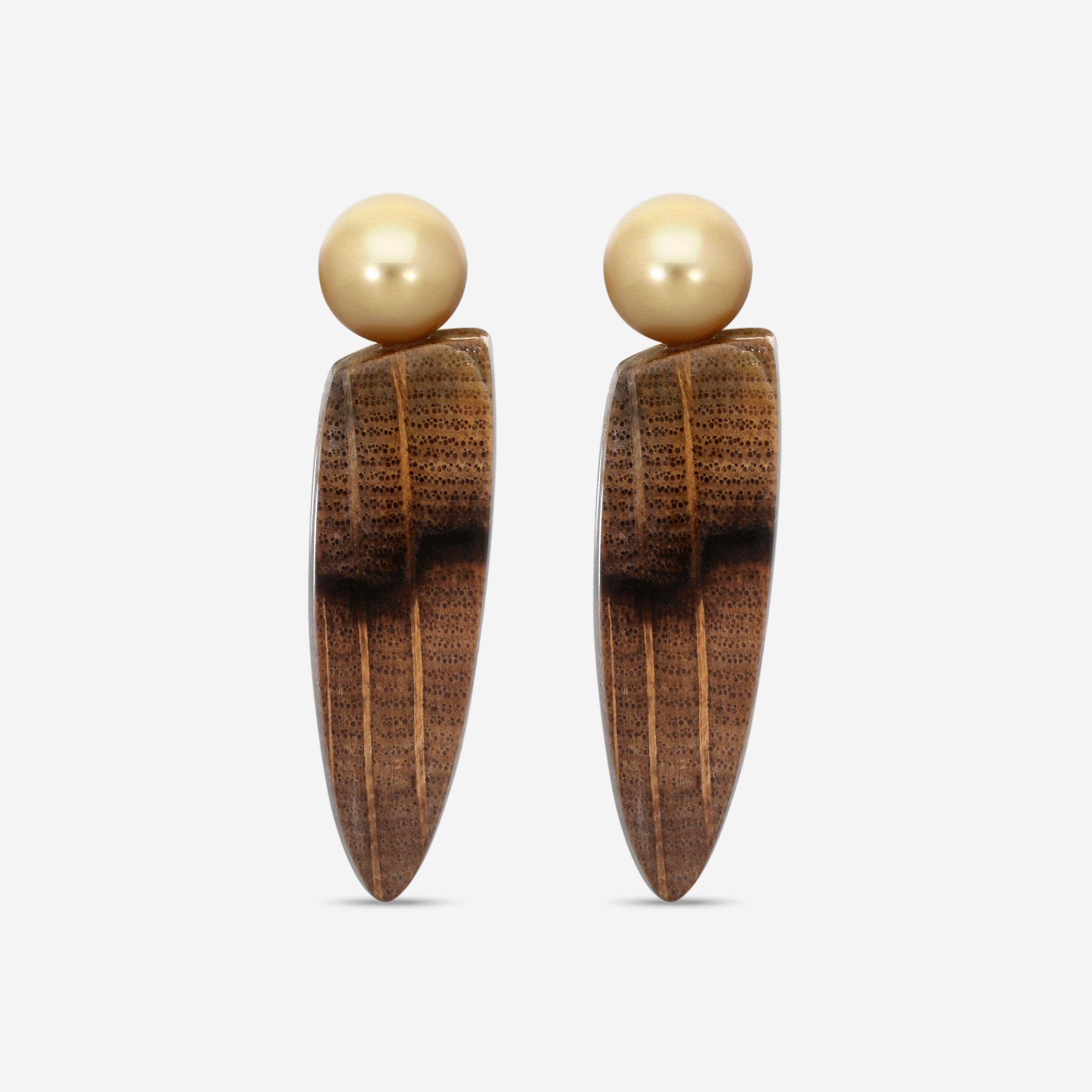 ASSAEL - Golden South Sea Cultured Pearl Pearl & Golden Oak Petrified Wood Earrings, Pair of Round Pearls 10.1 X 10.1mm, 2 PW 47.5 cts (Oregon), 18K YG Posts & Backs, 2.25'L - ECO-GPW00002 - THE SOLIST