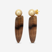 ASSAEL - Golden South Sea Cultured Pearl Pearl & Golden Oak Petrified Wood Earrings, Pair of Round Pearls 10.1 X 10.1mm, 2 PW 47.5 cts (Oregon), 18K YG Posts & Backs, 2.25'L - ECO-GPW00002 - THE SOLIST