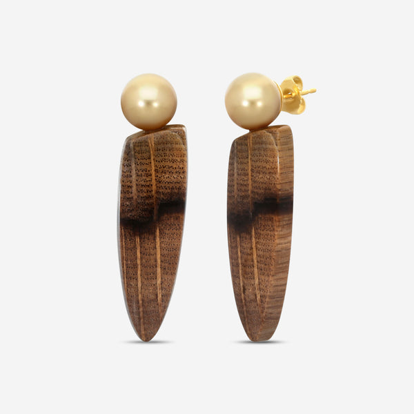 ASSAEL - Golden South Sea Cultured Pearl Pearl & Golden Oak Petrified Wood Earrings, Pair of Round Pearls 10.1 X 10.1mm, 2 PW 47.5 cts (Oregon), 18K YG Posts & Backs, 2.25'L - ECO-GPW00002 - THE SOLIST