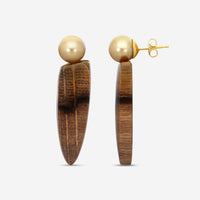 ASSAEL - Golden South Sea Cultured Pearl Pearl & Golden Oak Petrified Wood Earrings, Pair of Round Pearls 10.1 X 10.1mm, 2 PW 47.5 cts (Oregon), 18K YG Posts & Backs, 2.25'L - ECO-GPW00002 - THE SOLIST
