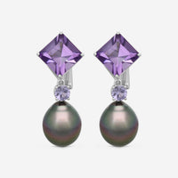 ASSAEL - Amethyst & Tahitian Natural Color Cultured Pearl Earrings; 2 *Detachable* Drop Pearls 15.4 - 12.7mm, 2 Square Emerald Cut Amethyst 11.28 cts (Brazil), 2 Lavender Spinel 0.90 cts, Platinum, Clip Backs, 1.5''L - ECO-TAM00005 - THE SOLIST