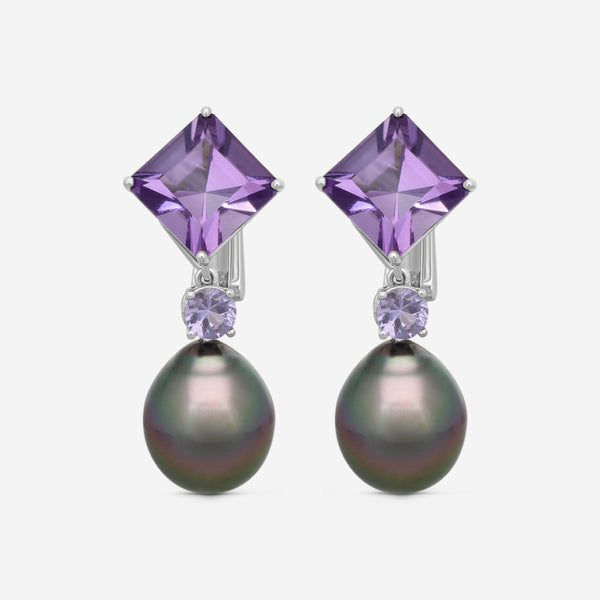 ASSAEL - Amethyst & Tahitian Natural Color Cultured Pearl Earrings; 2 *Detachable* Drop Pearls 15.4 - 12.7mm, 2 Square Emerald Cut Amethyst 11.28 cts (Brazil), 2 Lavender Spinel 0.90 cts, Platinum, Clip Backs, 1.5''L - ECO-TAM00005 - THE SOLIST