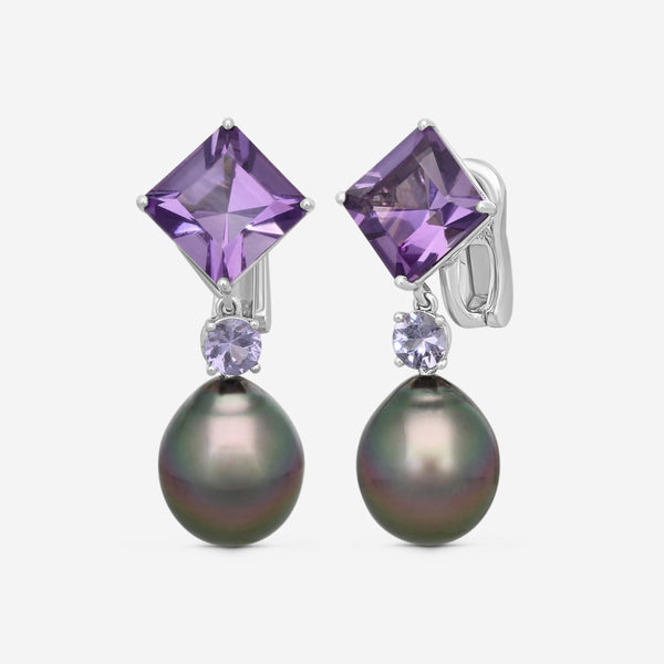 ASSAEL - Amethyst & Tahitian Natural Color Cultured Pearl Earrings; 2 *Detachable* Drop Pearls 15.4 - 12.7mm, 2 Square Emerald Cut Amethyst 11.28 cts (Brazil), 2 Lavender Spinel 0.90 cts, Platinum, Clip Backs, 1.5''L - ECO-TAM00005 - THE SOLIST
