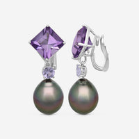 ASSAEL - Amethyst & Tahitian Natural Color Cultured Pearl Earrings; 2 *Detachable* Drop Pearls 15.4 - 12.7mm, 2 Square Emerald Cut Amethyst 11.28 cts (Brazil), 2 Lavender Spinel 0.90 cts, Platinum, Clip Backs, 1.5''L - ECO-TAM00005 - THE SOLIST