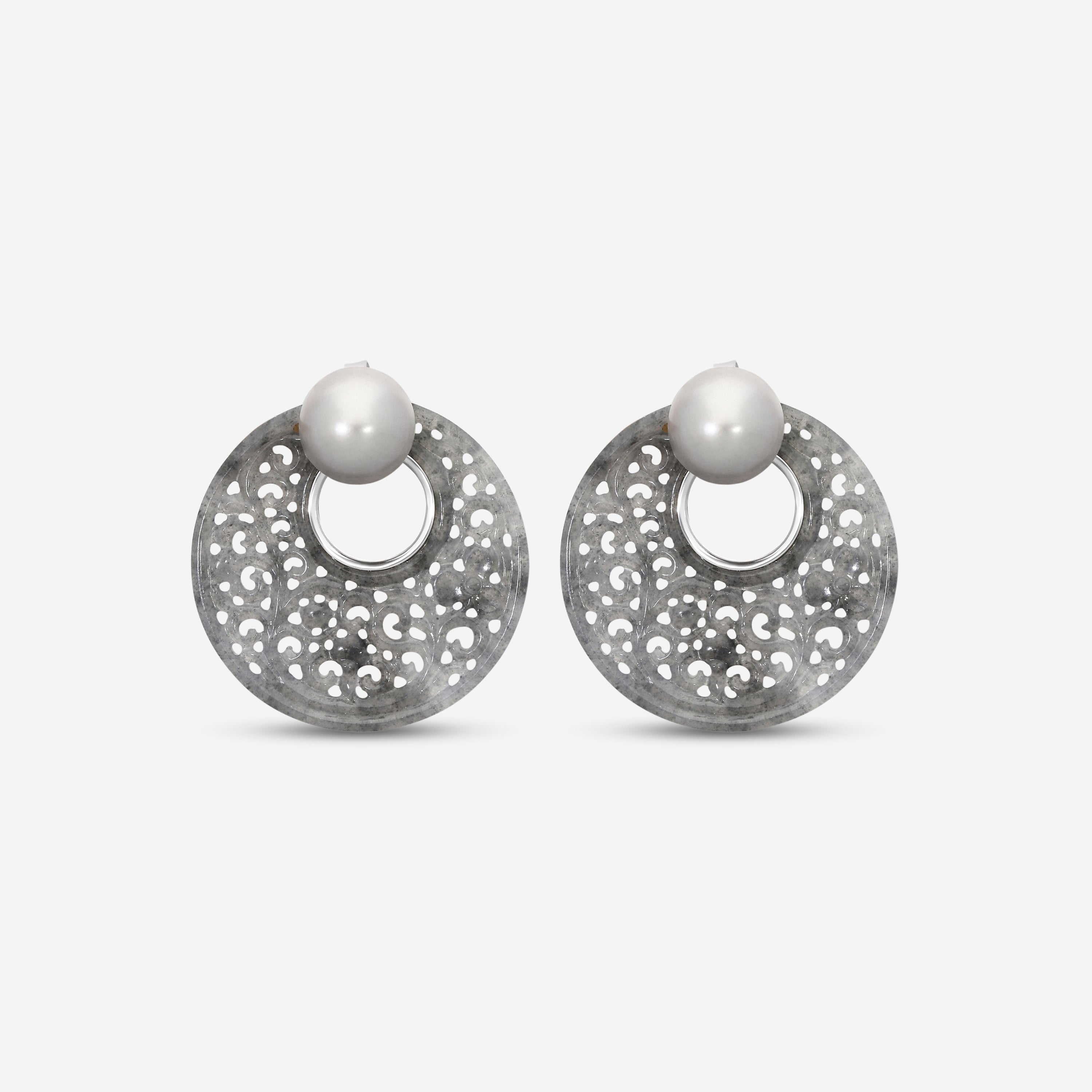 ASSAEL - Grey Jadeite Jackets & Tahitian Natural Color Cultured Pearl Earrings;  Pair of Button Pearls 12.8 x 12.4mm,  Pair of Round Carved Jadeite Discs, 37.5mm (Burma), 18K WG Posts & Jumbo Backs, 1.5'' L - ECO-TJD00004 - THE SOLIST