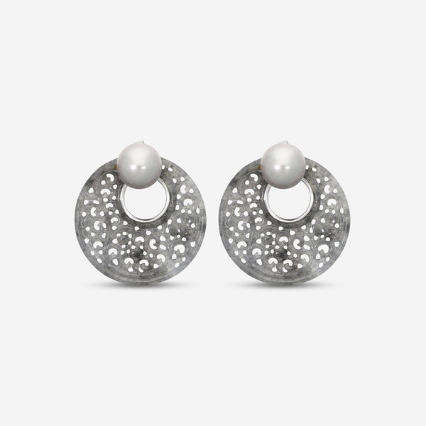ASSAEL - Grey Jadeite Jackets & Tahitian Natural Color Cultured Pearl Earrings;  Pair of Button Pearls 12.8 x 12.4mm,  Pair of Round Carved Jadeite Discs, 37.5mm (Burma), 18K WG Posts & Jumbo Backs, 1.5'' L - ECO-TJD00004 - THE SOLIST