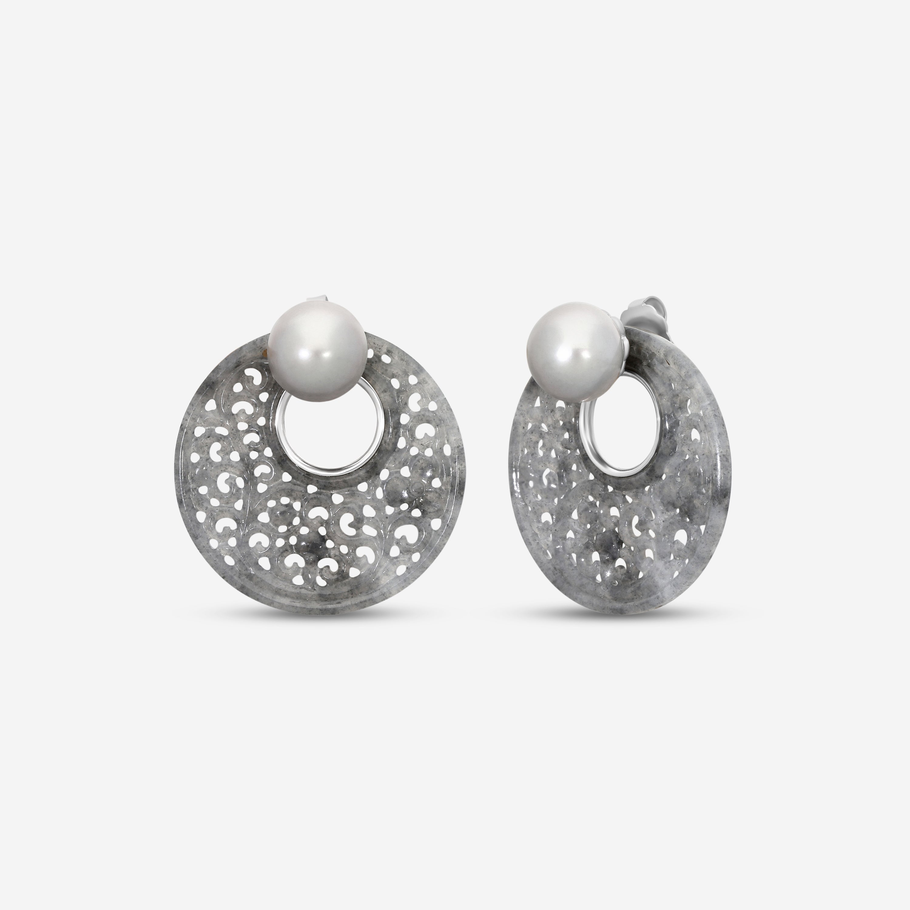 ASSAEL - Grey Jadeite Jackets & Tahitian Natural Color Cultured Pearl Earrings;  Pair of Button Pearls 12.8 x 12.4mm,  Pair of Round Carved Jadeite Discs, 37.5mm (Burma), 18K WG Posts & Jumbo Backs, 1.5'' L - ECO-TJD00004 - THE SOLIST