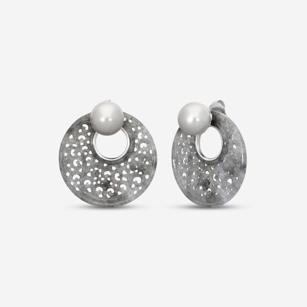 ASSAEL - Grey Jadeite Jackets & Tahitian Natural Color Cultured Pearl Earrings;  Pair of Button Pearls 12.8 x 12.4mm,  Pair of Round Carved Jadeite Discs, 37.5mm (Burma), 18K WG Posts & Jumbo Backs, 1.5'' L - ECO-TJD00004 - THE SOLIST