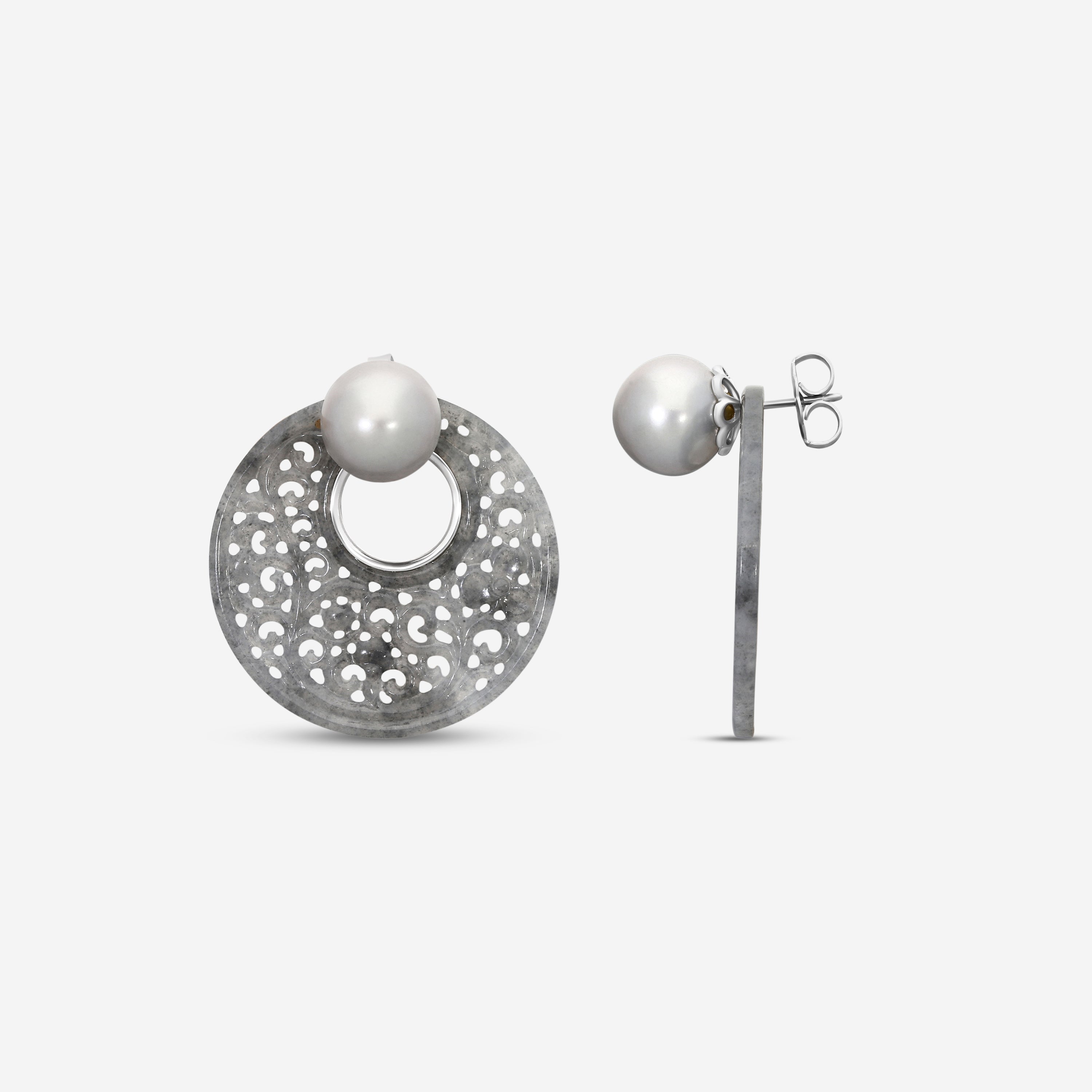 ASSAEL - Grey Jadeite Jackets & Tahitian Natural Color Cultured Pearl Earrings;  Pair of Button Pearls 12.8 x 12.4mm,  Pair of Round Carved Jadeite Discs, 37.5mm (Burma), 18K WG Posts & Jumbo Backs, 1.5'' L - ECO-TJD00004 - THE SOLIST