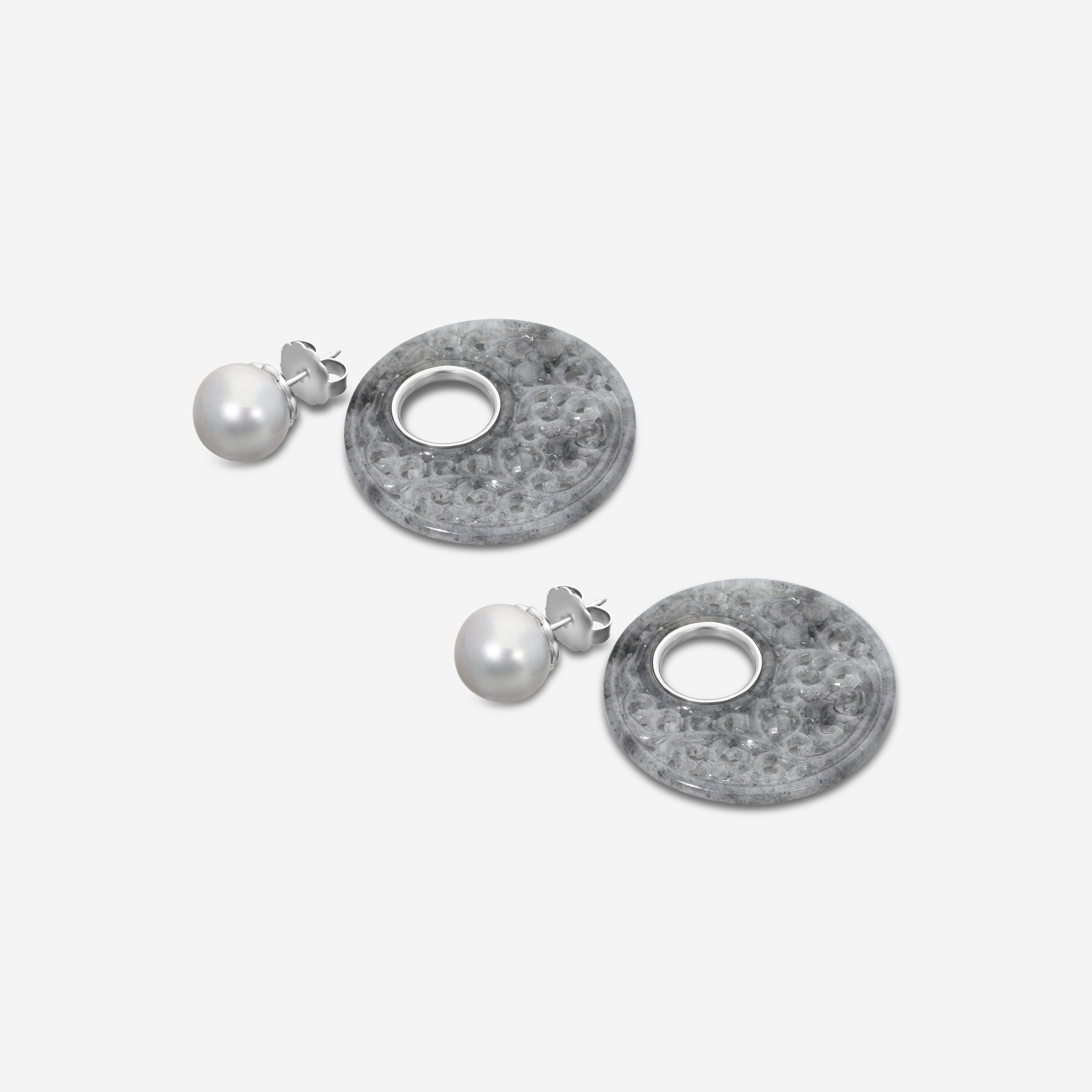 ASSAEL - Grey Jadeite Jackets & Tahitian Natural Color Cultured Pearl Earrings;  Pair of Button Pearls 12.8 x 12.4mm,  Pair of Round Carved Jadeite Discs, 37.5mm (Burma), 18K WG Posts & Jumbo Backs, 1.5'' L - ECO-TJD00004 - THE SOLIST