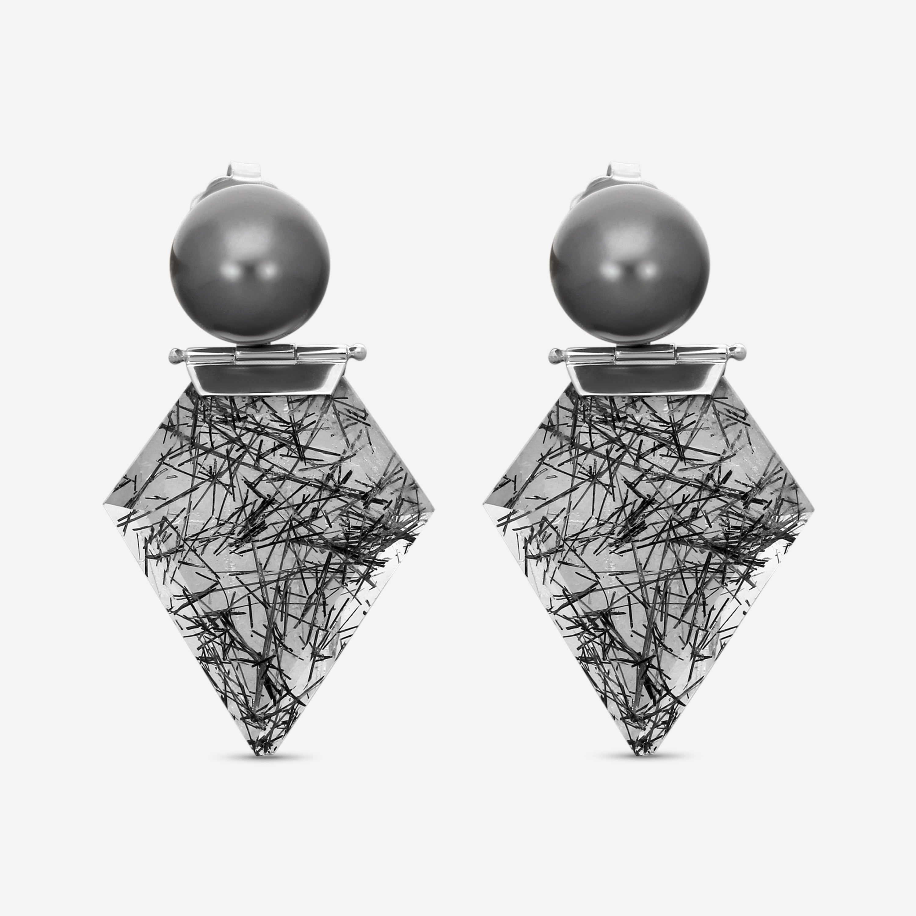 ASSAEL - Black Tourmalinated Quartz & Tahitian Natural Color Cultured Pearl Hinged Earrings; 2 Round Pearls 13.7mm, 2 Shield Black Tourmalinated Quartz w. Trigonal Inclusions 58.64 cts, Platinum w. Post & Backs, 2.0'' L - ECO-TTR00002 - THE SOLIST
