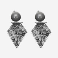 ASSAEL - Black Tourmalinated Quartz & Tahitian Natural Color Cultured Pearl Hinged Earrings; 2 Round Pearls 13.7mm, 2 Shield Black Tourmalinated Quartz w. Trigonal Inclusions 58.64 cts, Platinum w. Post & Backs, 2.0'' L - ECO-TTR00002 - THE SOLIST