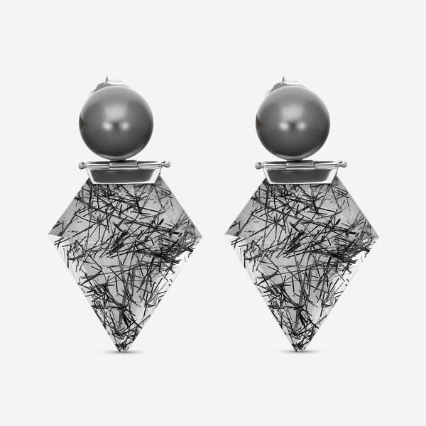 ASSAEL - Black Tourmalinated Quartz & Tahitian Natural Color Cultured Pearl Hinged Earrings; 2 Round Pearls 13.7mm, 2 Shield Black Tourmalinated Quartz w. Trigonal Inclusions 58.64 cts, Platinum w. Post & Backs, 2.0'' L - ECO-TTR00002 - THE SOLIST