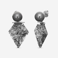 ASSAEL - Black Tourmalinated Quartz & Tahitian Natural Color Cultured Pearl Hinged Earrings; 2 Round Pearls 13.7mm, 2 Shield Black Tourmalinated Quartz w. Trigonal Inclusions 58.64 cts, Platinum w. Post & Backs, 2.0'' L - ECO-TTR00002 - THE SOLIST