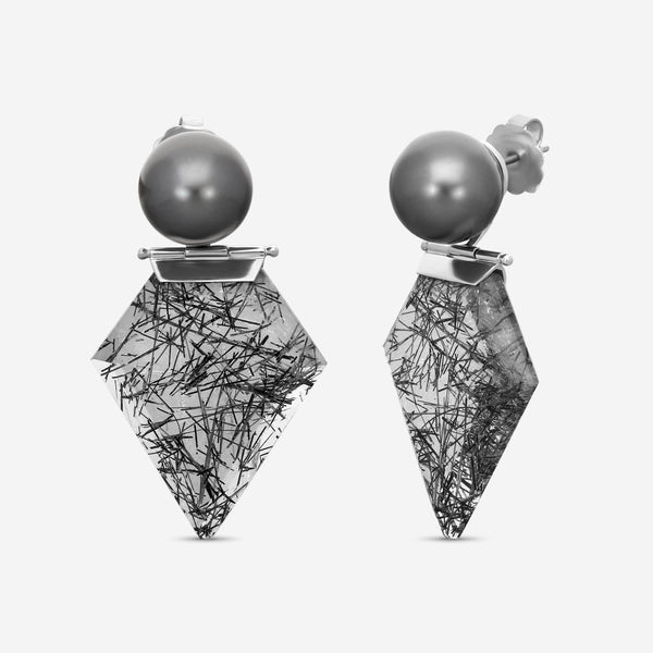 ASSAEL - Black Tourmalinated Quartz & Tahitian Natural Color Cultured Pearl Hinged Earrings; 2 Round Pearls 13.7mm, 2 Shield Black Tourmalinated Quartz w. Trigonal Inclusions 58.64 cts, Platinum w. Post & Backs, 2.0'' L - ECO-TTR00002 - THE SOLIST