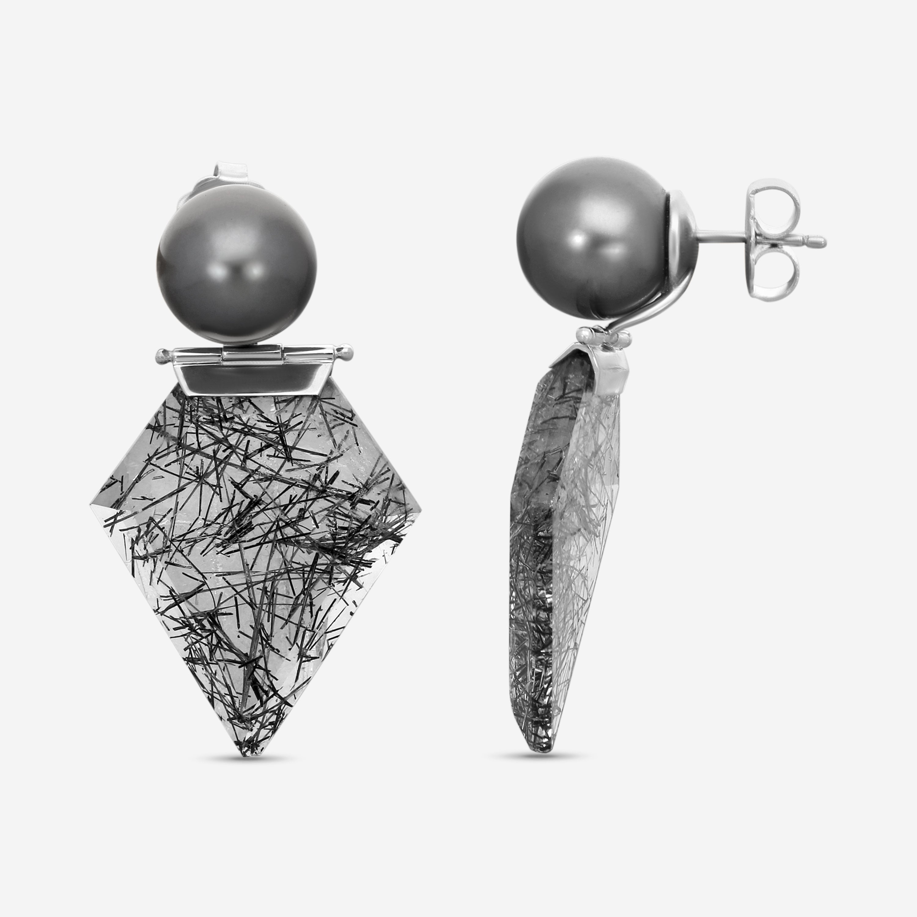 ASSAEL - Black Tourmalinated Quartz & Tahitian Natural Color Cultured Pearl Hinged Earrings; 2 Round Pearls 13.7mm, 2 Shield Black Tourmalinated Quartz w. Trigonal Inclusions 58.64 cts, Platinum w. Post & Backs, 2.0'' L - ECO-TTR00002 - THE SOLIST