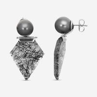 ASSAEL - Black Tourmalinated Quartz & Tahitian Natural Color Cultured Pearl Hinged Earrings; 2 Round Pearls 13.7mm, 2 Shield Black Tourmalinated Quartz w. Trigonal Inclusions 58.64 cts, Platinum w. Post & Backs, 2.0'' L - ECO-TTR00002 - THE SOLIST