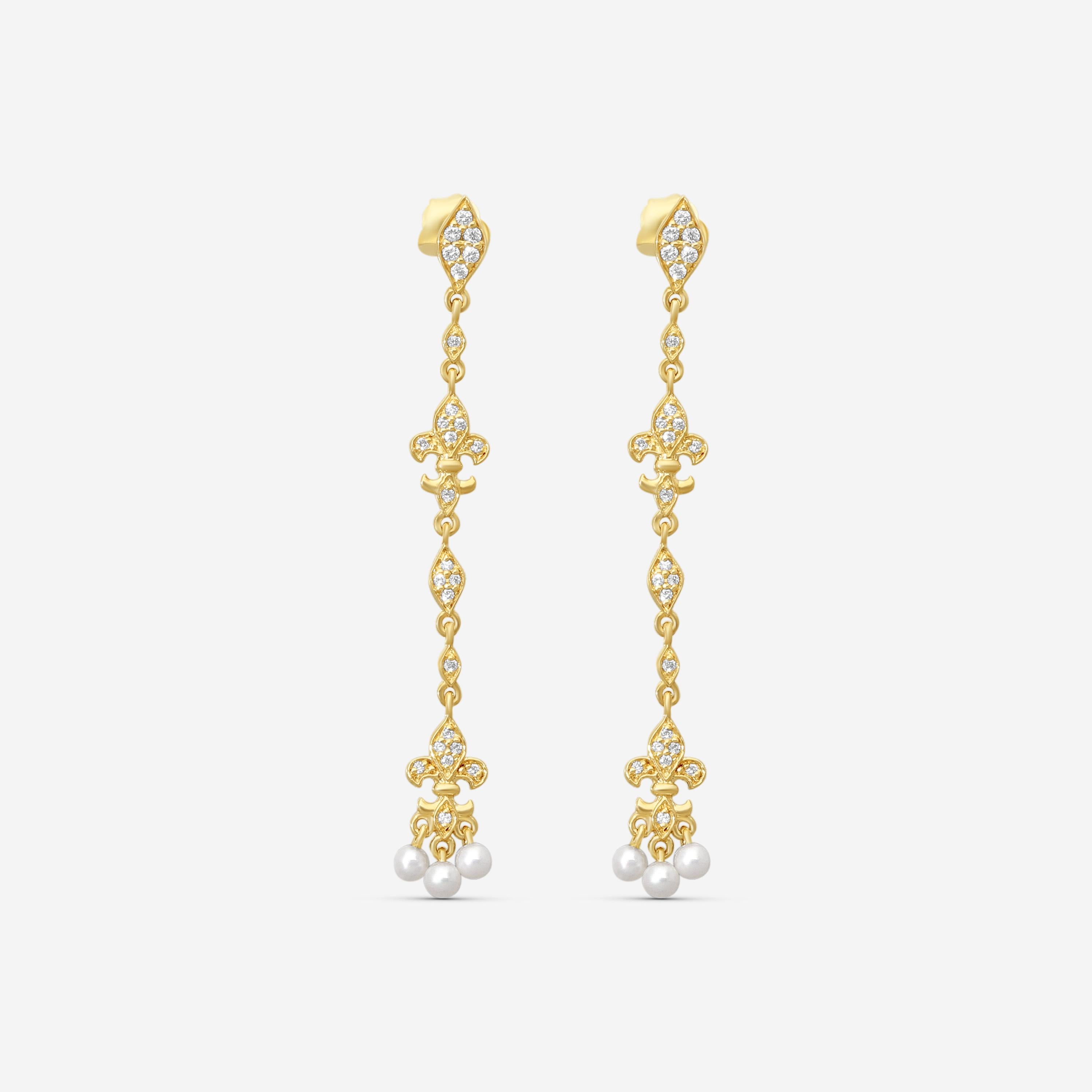 Sydney Evan Fleur de Lis 14K Yellow Gold Diamond & Pearl Drop Earrings EJP2355PE-Y