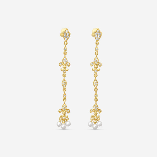 Sydney Evan Fleur de Lis 14K Yellow Gold Diamond & Pearl Drop Earrings EJP2355PE-Y