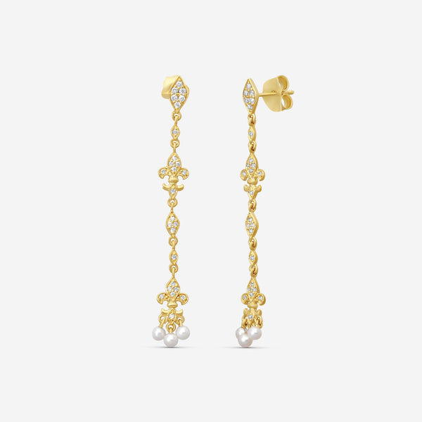 Sydney Evan Fleur de Lis 14K Yellow Gold Diamond & Pearl Drop Earrings EJP2355PE-Y