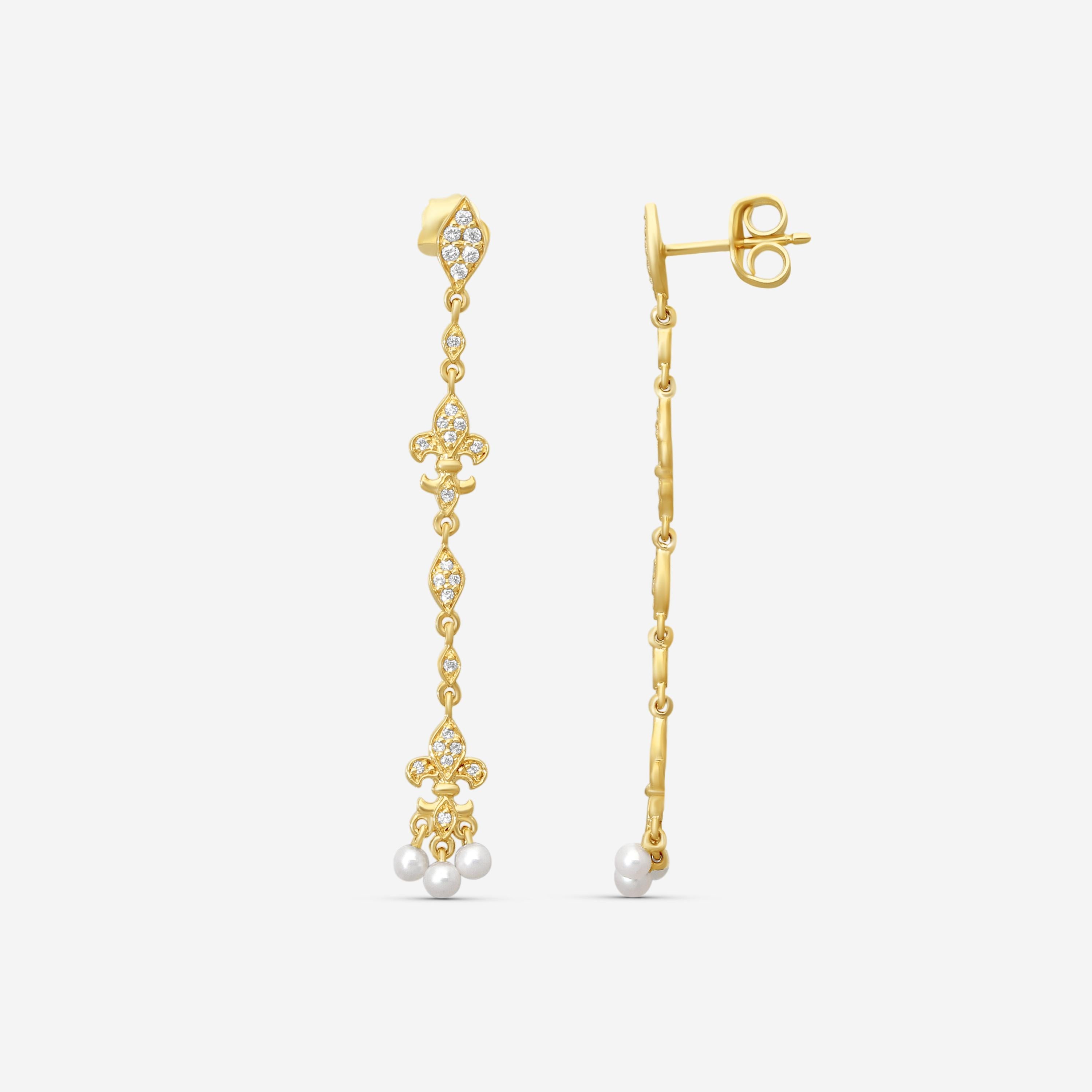 Sydney Evan Fleur de Lis 14K Yellow Gold Diamond & Pearl Drop Earrings EJP2355PE-Y