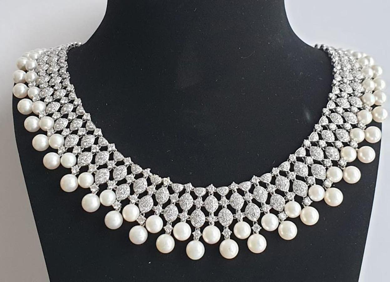 Goshwara G-One 18K White Gold Diamond & Cultured Pearl Choker Necklace WG0002