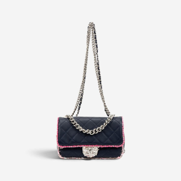 Chanel Black Tweed Canvas Lambskin Single Flap Shoulder Bag GTU0022