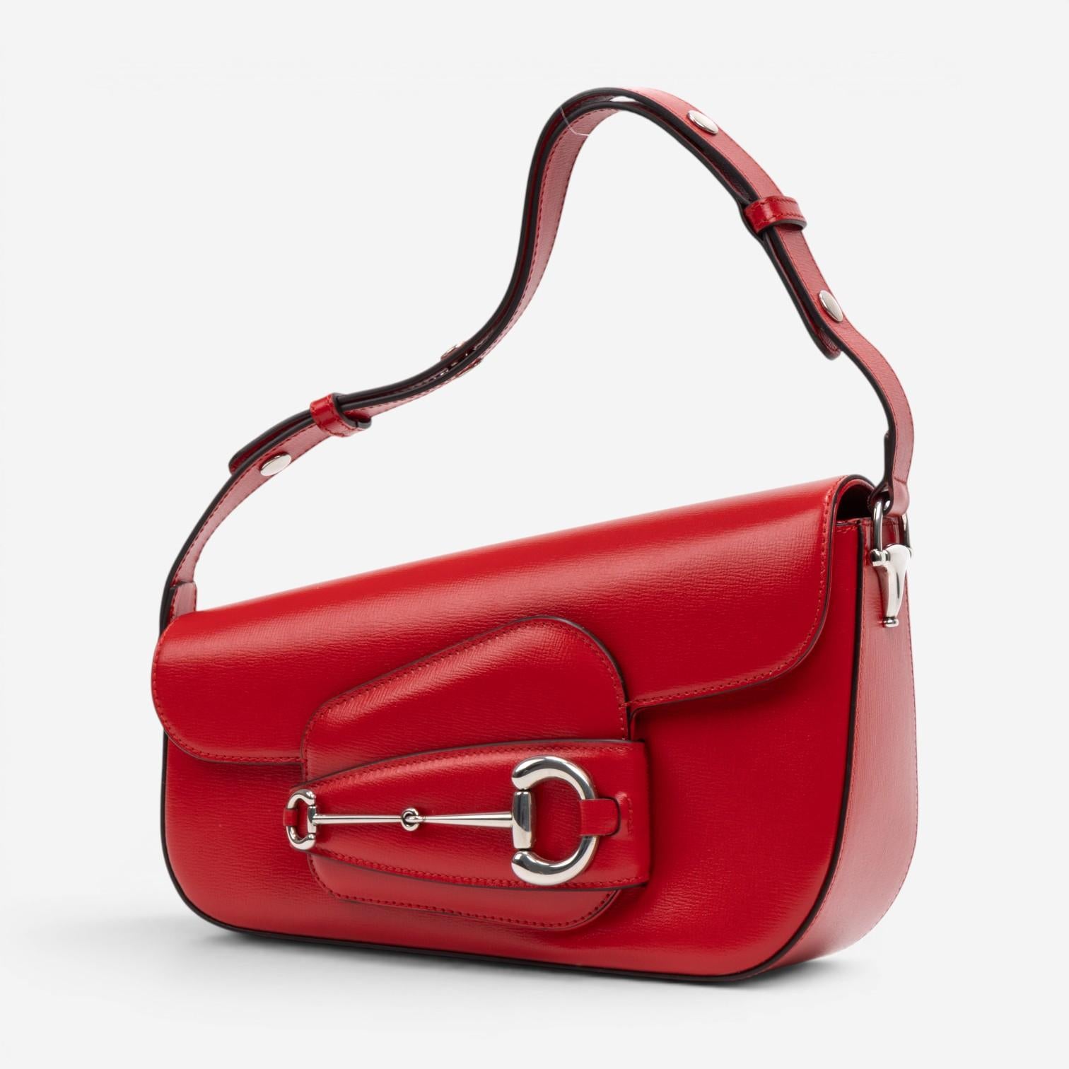 Gucci 1955 Horsebit Assymetric Small Red Calfskin Leather Shoulder Bag GTU0686
