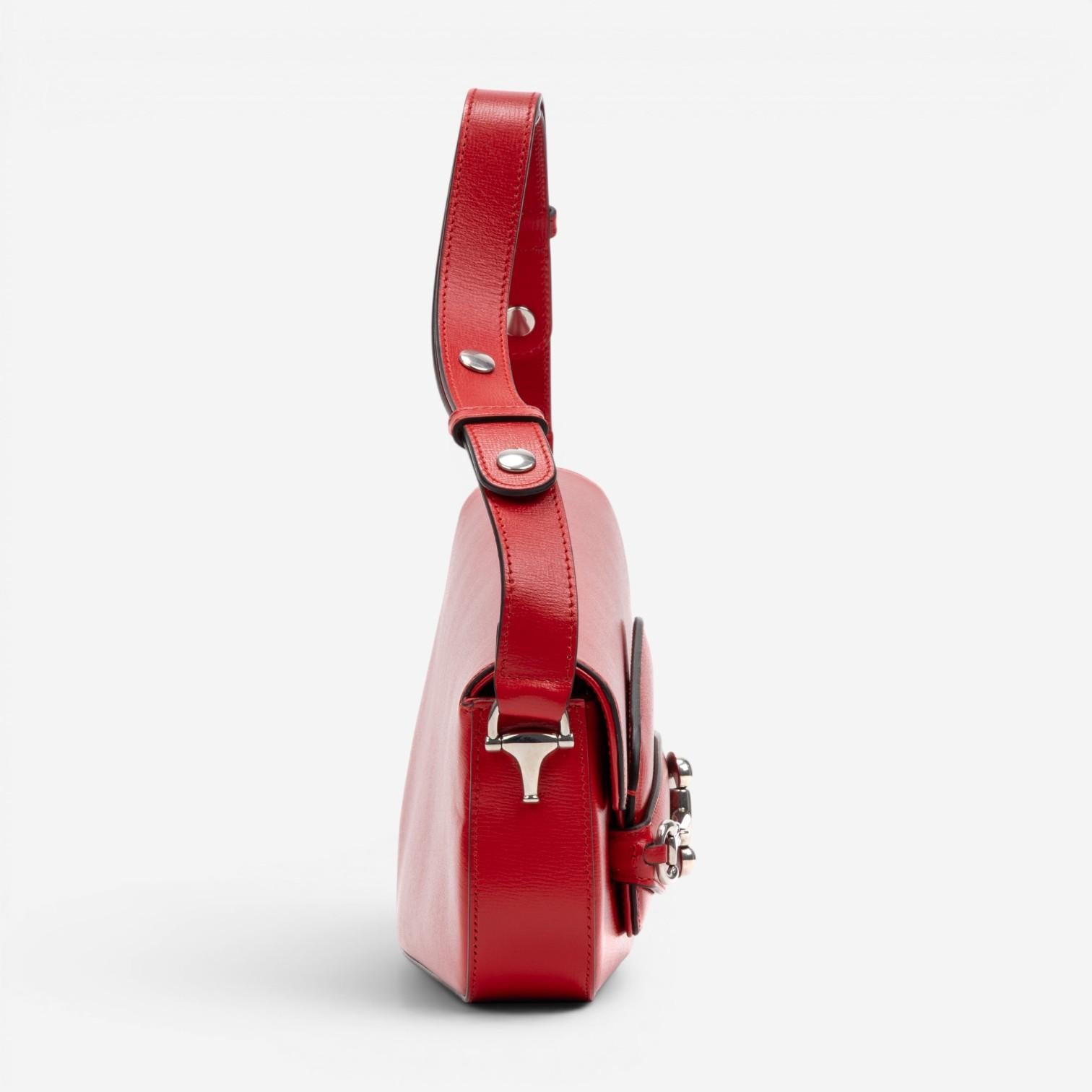 Gucci 1955 Horsebit Assymetric Small Red Calfskin Leather Shoulder Bag GTU0686