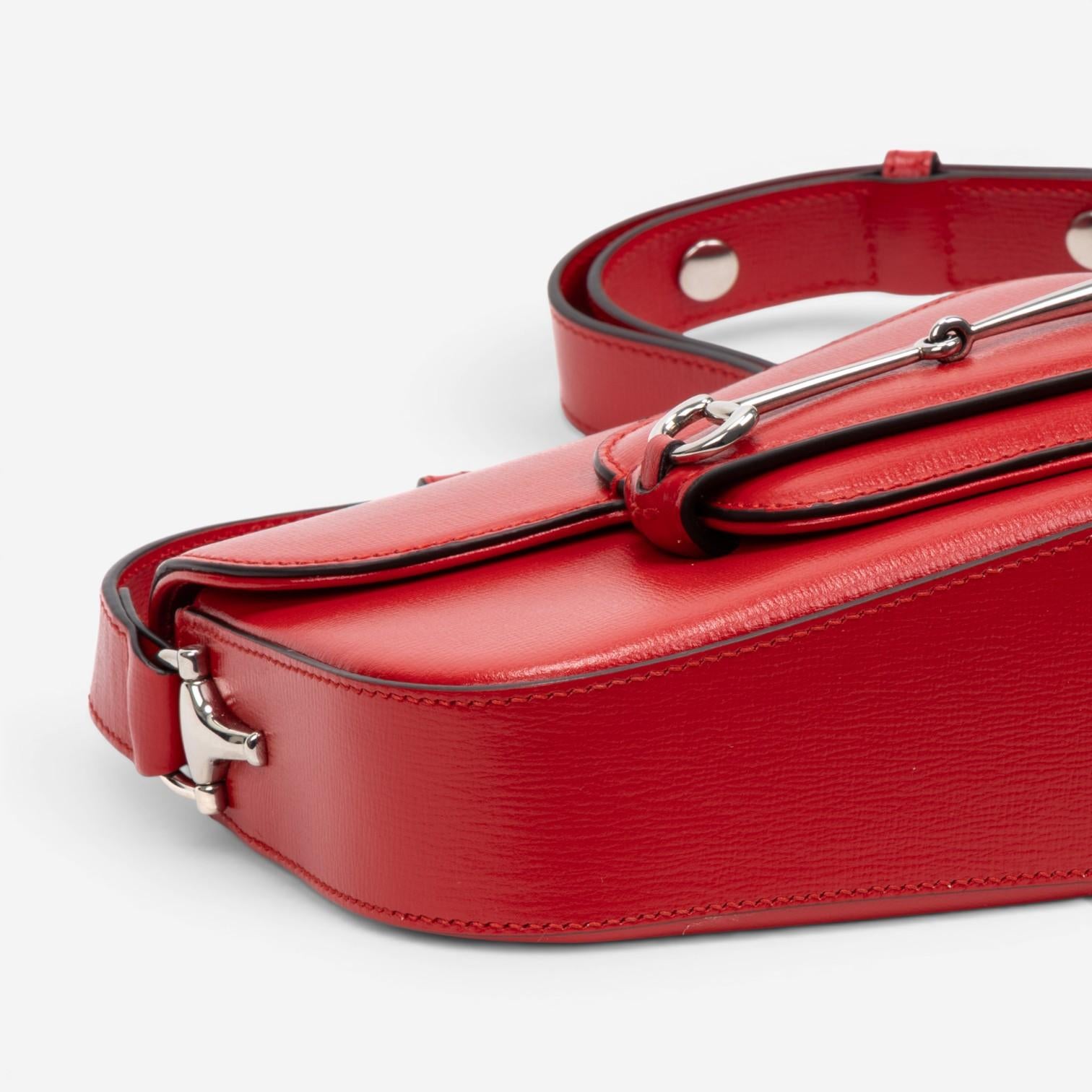 Gucci 1955 Horsebit Assymetric Small Red Calfskin Leather Shoulder Bag GTU0686