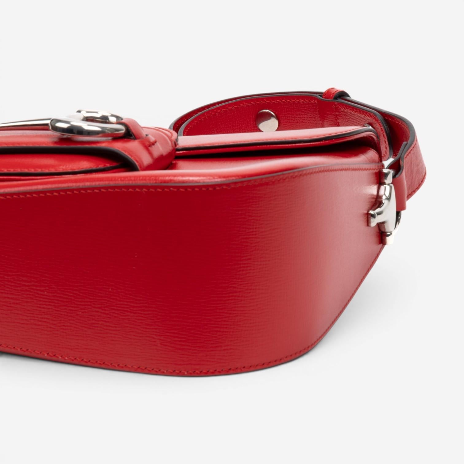 Gucci 1955 Horsebit Assymetric Small Red Calfskin Leather Shoulder Bag GTU0686